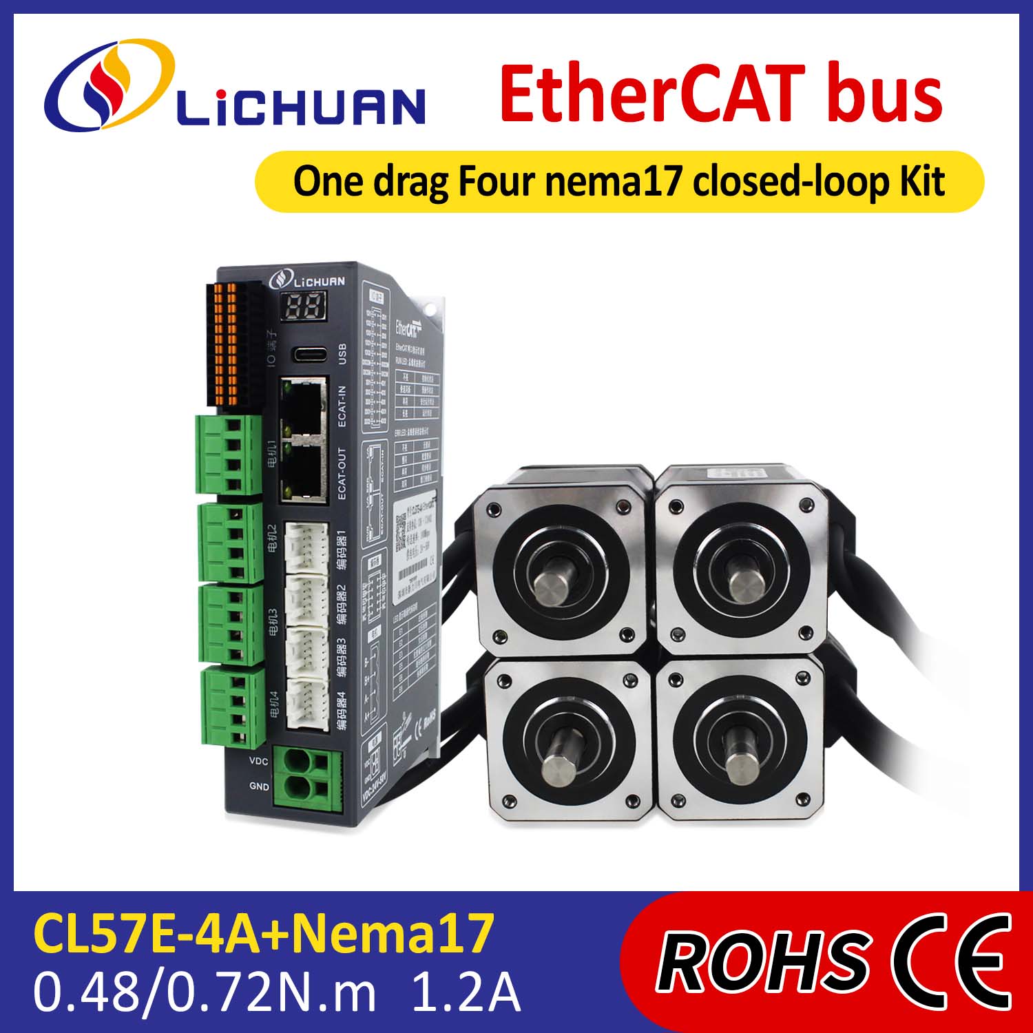 EtherCAT 2-fas Nema17 4-axlig DC Closed Loop Stepper Motor Drivers Kit