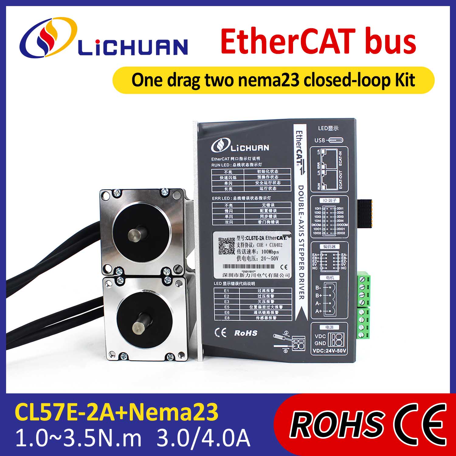 EtherCAT 2-fas Nema23 2-axlig DC sluten slinga stegmotordrivrutiner