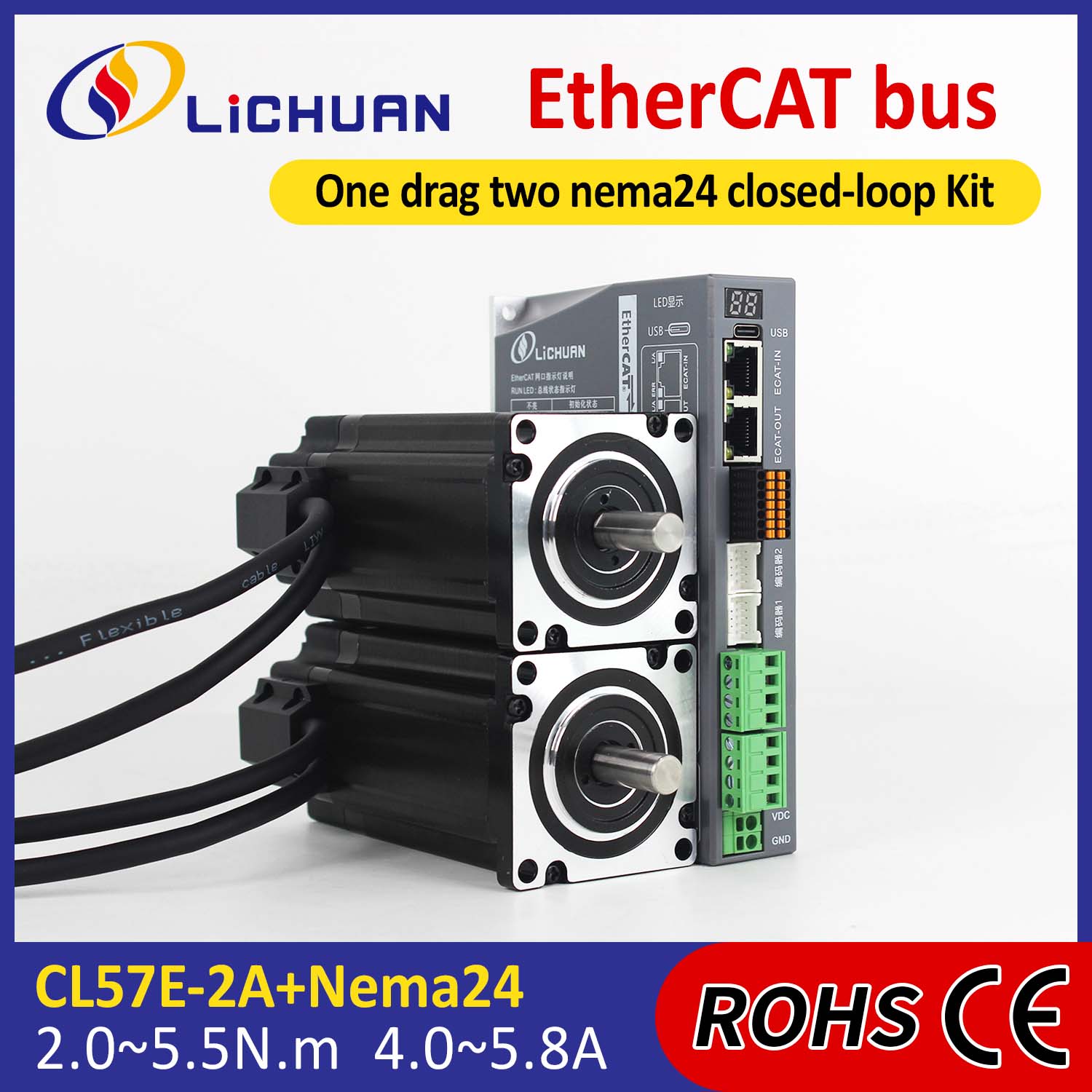 EtherCAT 2-fas Nema24 2-axlig DC sluten slinga stegmotordrivrutiner