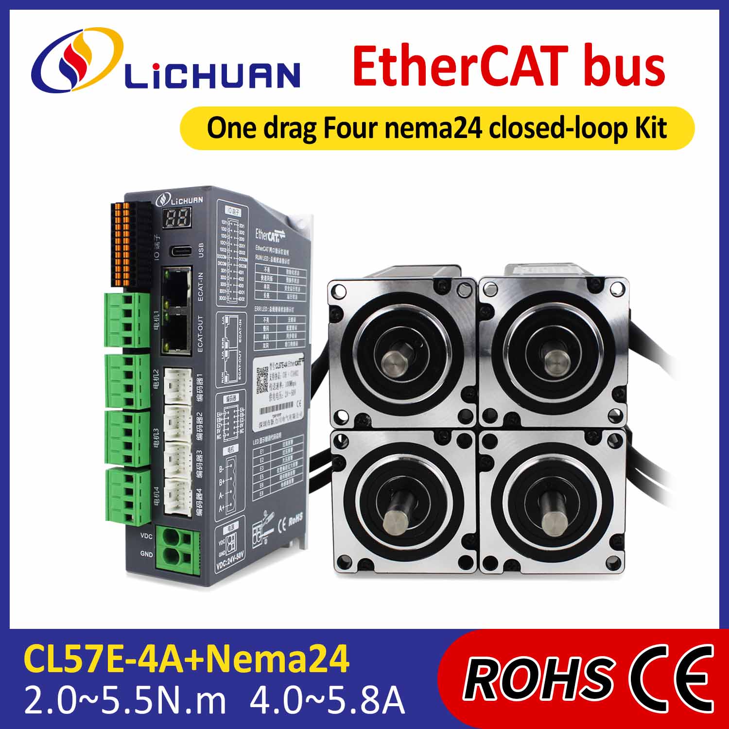 EtherCAT 2-fas Nema24 4-axlig DC sluten slinga stegmotordrivrutiner