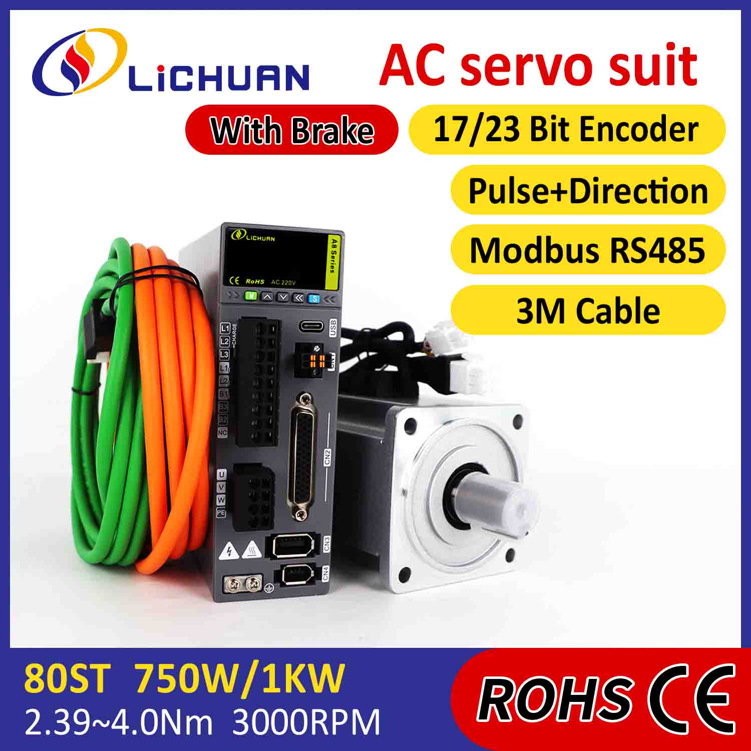 Lichuan AC Servo Motor Drivers Kit A8 Hög noggrannhet STO ABZ 1000W 1KW 3.2N.m 220V 5.8A 2500/3000RPM IP65