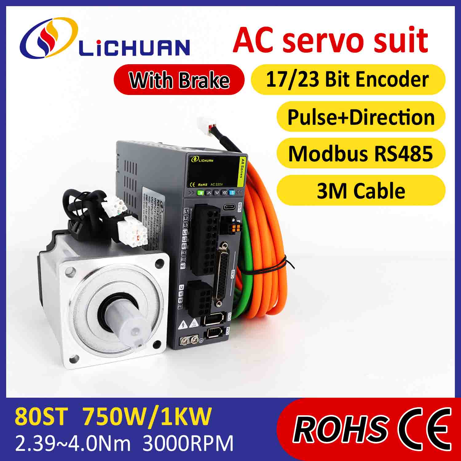 Lichuan AC Servo Motor Drivers Kit A8 Hög noggrannhet STO ABZ 1001W 1KW 4.0N.m 220V 4.6A 2500/3000RPM IP65