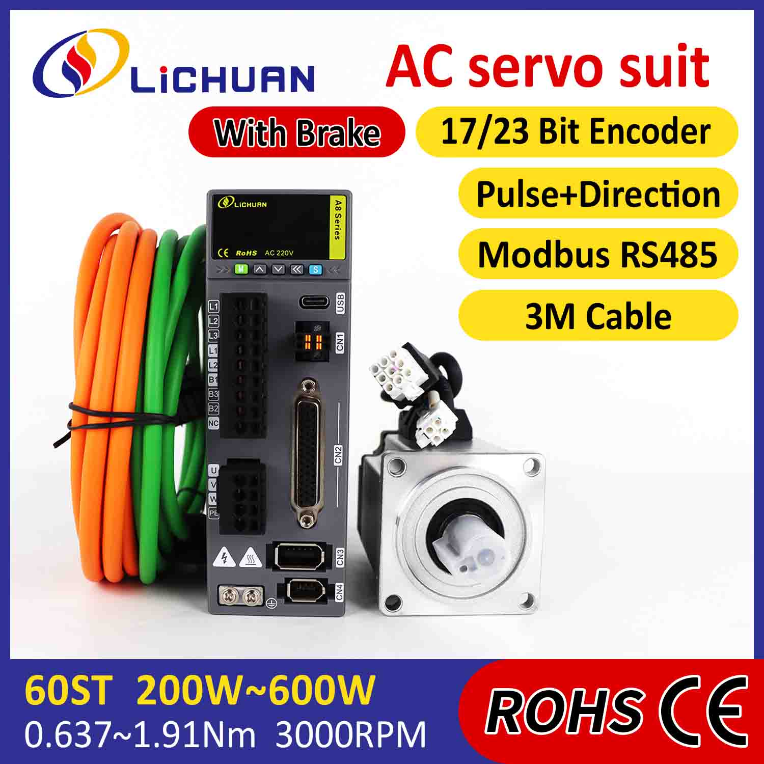 Lichuan AC Servo Motor Drivers Kit A8 Hög noggrannhet STO ABZ 200W 0.637N.m 220V 1.6A 3000RPM IP65