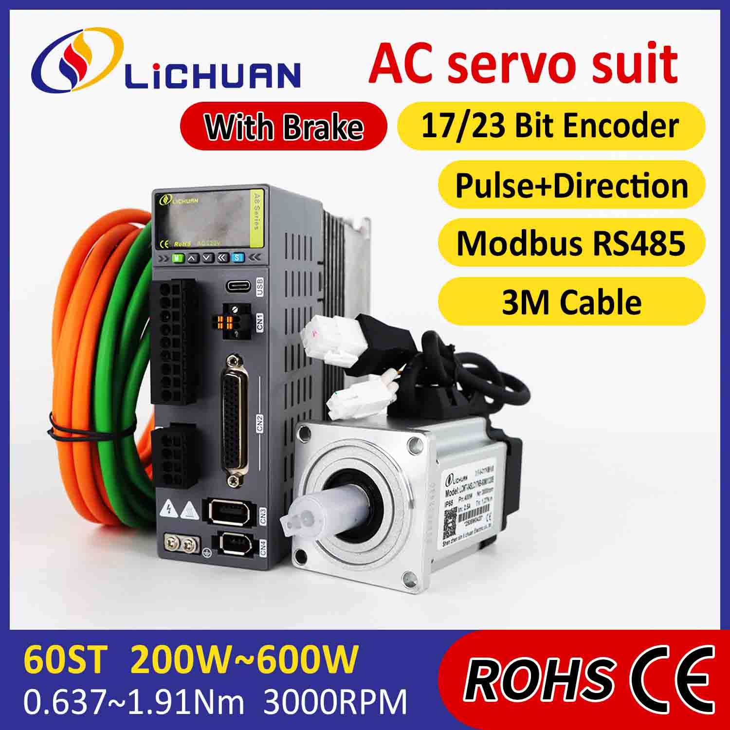 Lichuan AC Servo Motor Drivers Kit A8 Hög noggrannhet STO ABZ 400W 1.27N.m 220V 2.5A 3000RPM IP65
