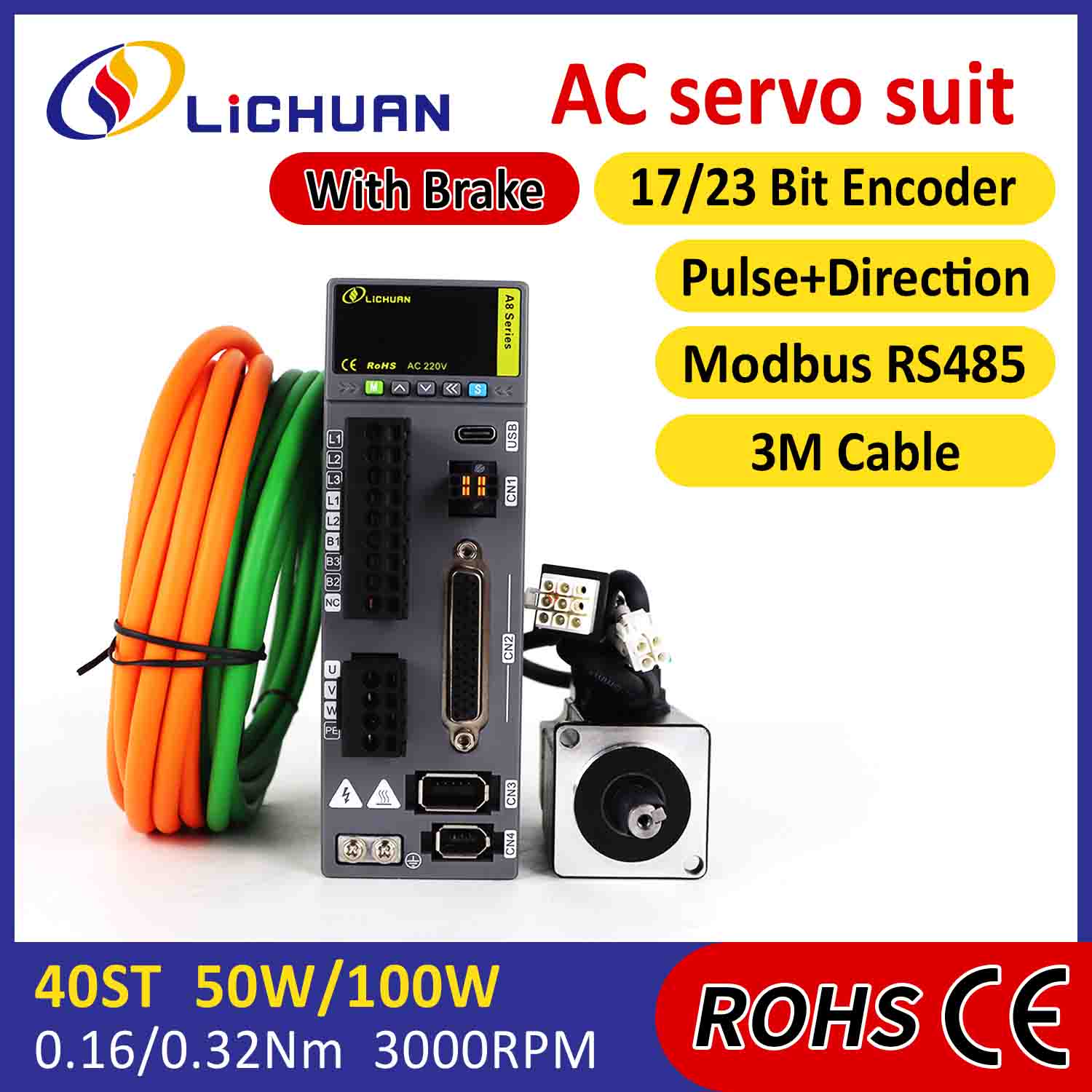 Lichuan AC Servo Motor Drivers Kit A8 Hög noggrannhet STO ABZ 50W 0.16N.m 220V 0.8A 3000RPM IP65