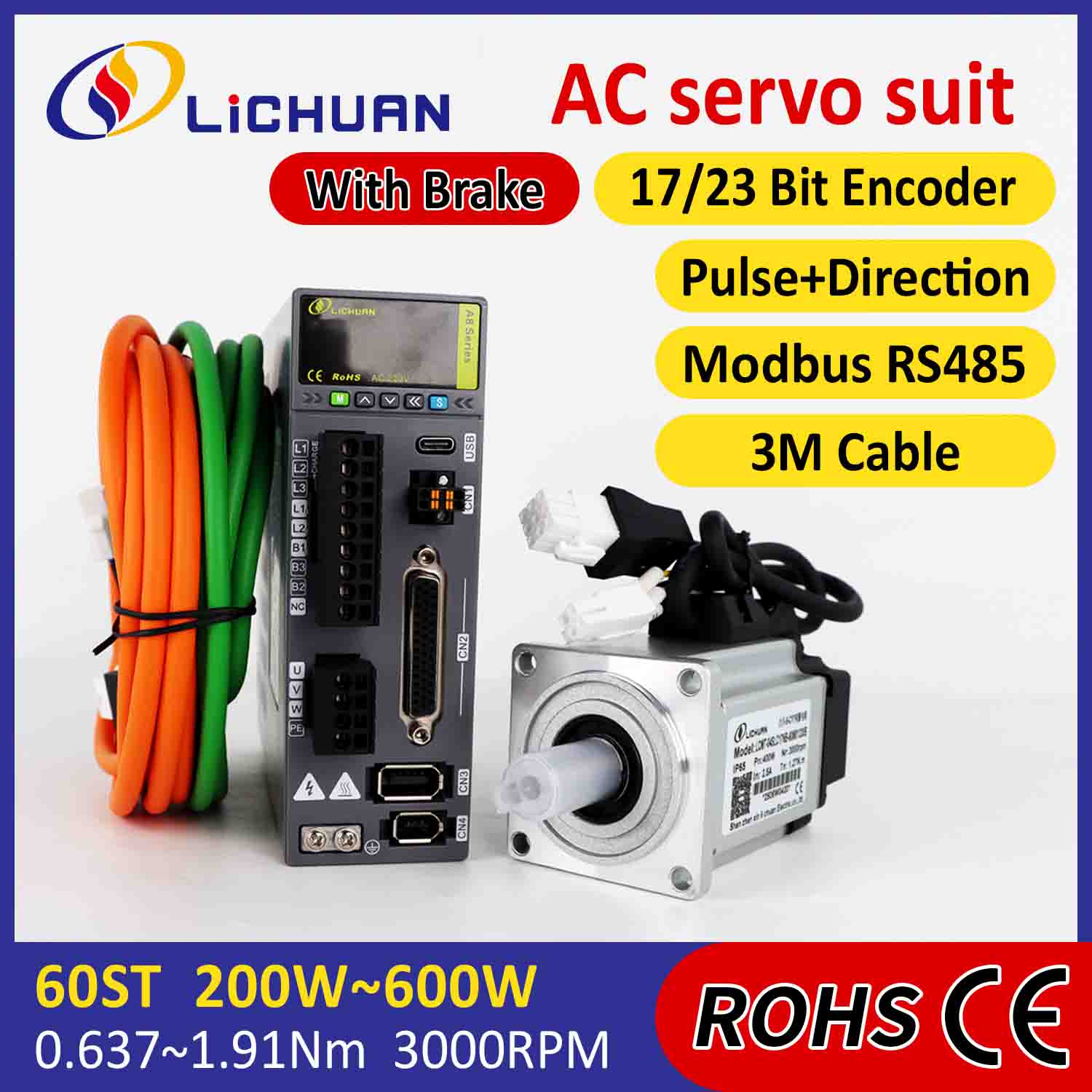 Lichuan AC Servo Motor Drivers Kit A8 Hög noggrannhet STO ABZ 600W 1.91N.m 220V 3.3A 3000RPM IP65