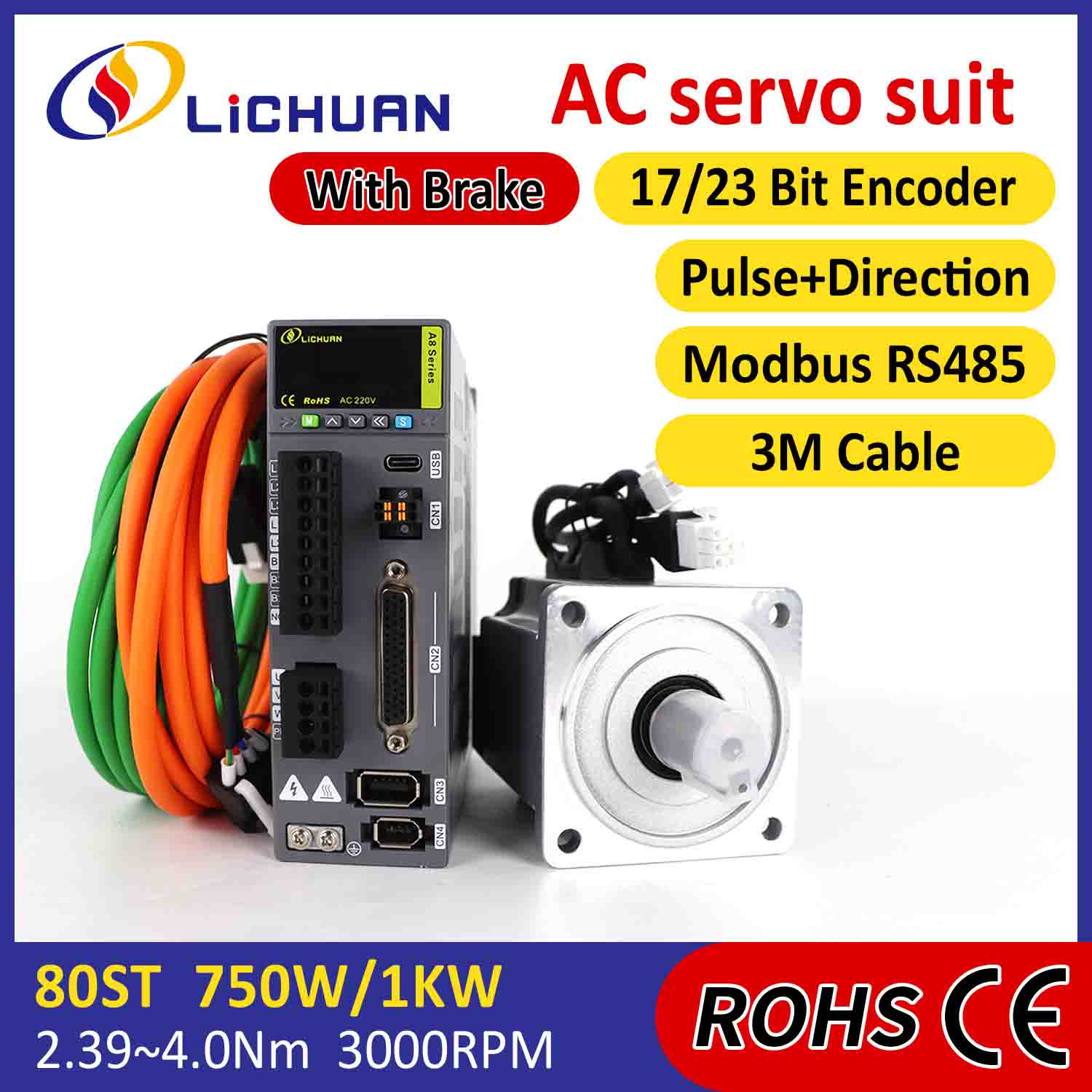 Lichuan AC Servo Motor Drivers Kit A8 Hög noggrannhet STO ABZ 750W 0,75KW 2,39N.m 220V 4,5A 2500/3000RPM IP65