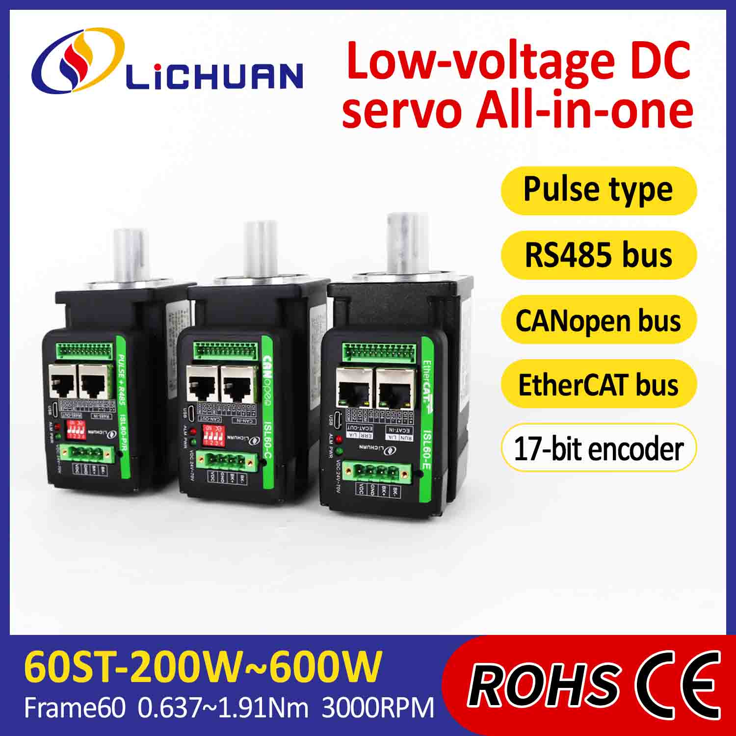 Lichuan Integrated Servo Motors Driver L-formad 400W 1.27N.m DC24/48V 6.0/10/12/15A 3000RPM IP65