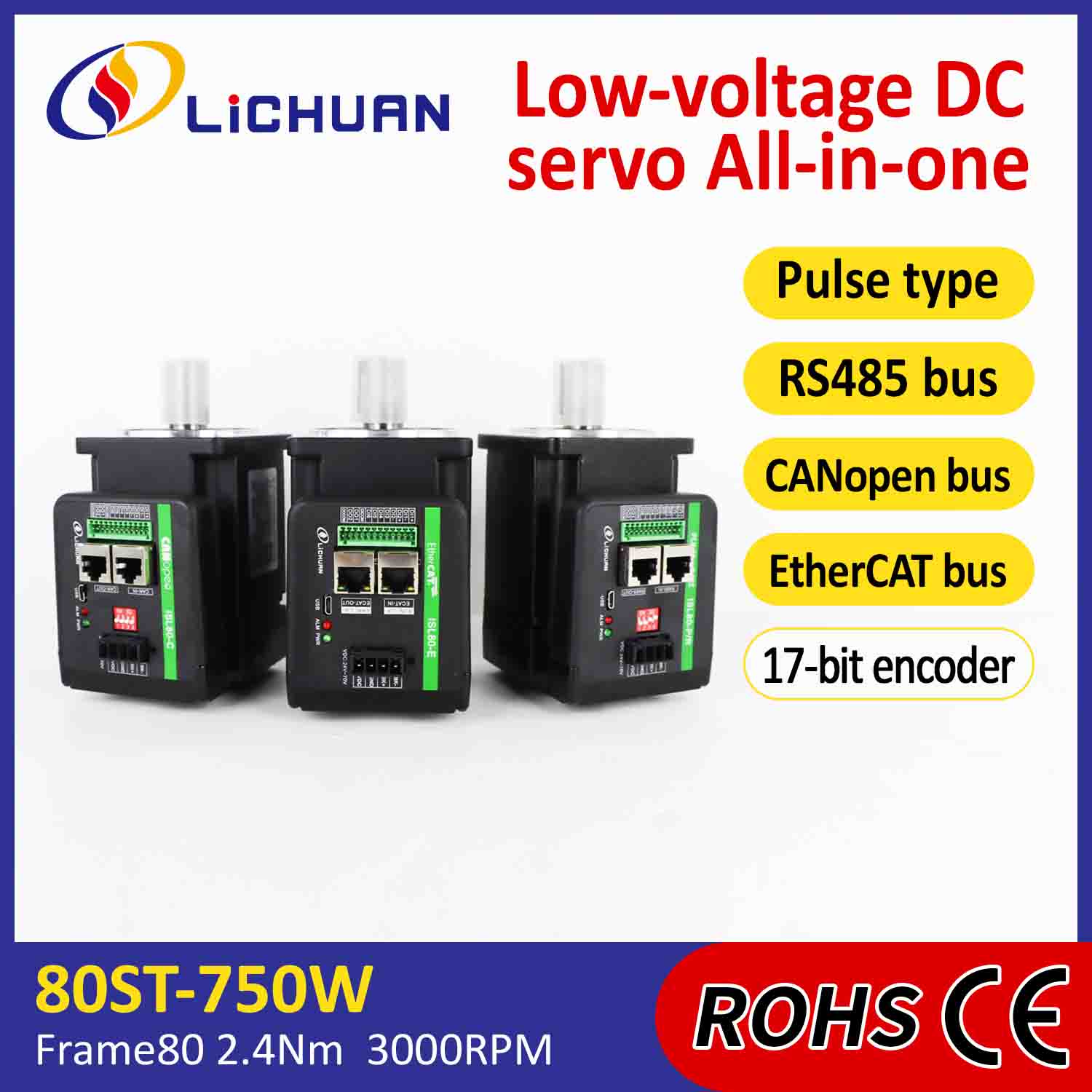 Lichuan Integrated Servo Motors Driver L-formad 750W 2,4N.m DC48V 20A 3000RPM IP65